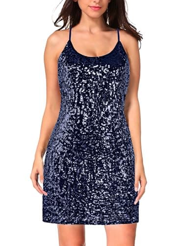 MANER Women's Glitter Sequin Dress Adjustable Spaghetti Strap Sparkle Party Dresses (Dark Blue, XX-Large)