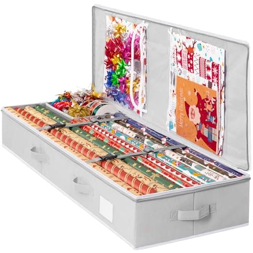 Criusia Gift Wrapping Paper Organizer Storage, Durable Underbed Storage Container Fits 24 Rolls, with Removable Dividers and Pockets for Ribbon, Ornaments, Holiday Accessories, Grey