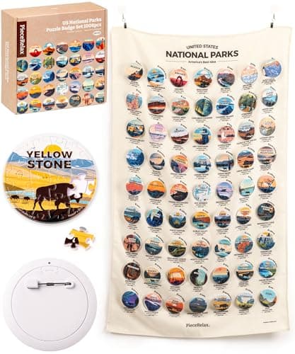 PieceRelax 63-Pack Puzzle Badges 1008 Pieces for Adults - Studio Inception - US National Park - Unique Gift & Home Décor with Plastic Jigsaw Puzzle, Includes Hanging Canvas [BD1133]