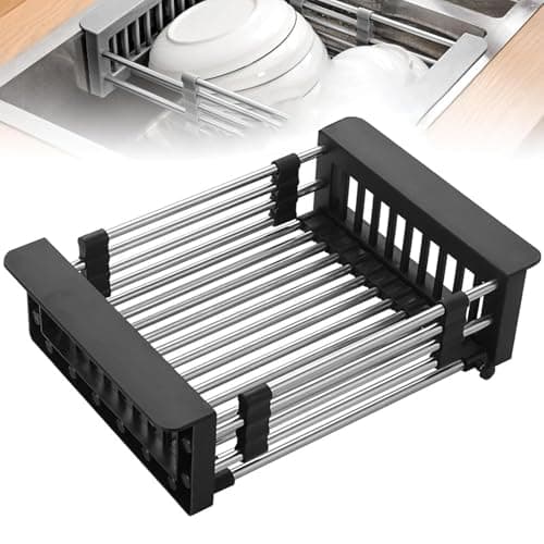 Extend Kitchen Sink Drain Basket,Stainless Steel Retractable Sink Rack,Over Sink Dish Rack,Portable Telescopic Kitchen Sinks Accessories,Extender Basket for Vegetables Fruits and Dishes(Black,Large)