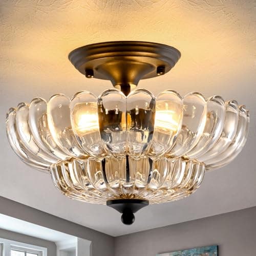 HuixuTe Modern Semi Flush Mount Ceiling Light, 3-Light Black Close to Ceiling Light Fixture with Cognac Glass Shade for Living Room Entryway Bedroom