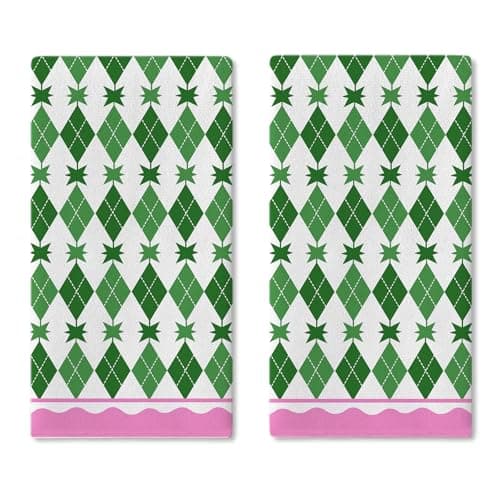 Croar Green Argyle Kitchen Dish Towels Set of 2, Geometric Diamond Abstract Modern Art Drying Hand Towel Baking Cooking Cloth, Farmhouse Star Bathroom Home Decoration 18'' x 26''