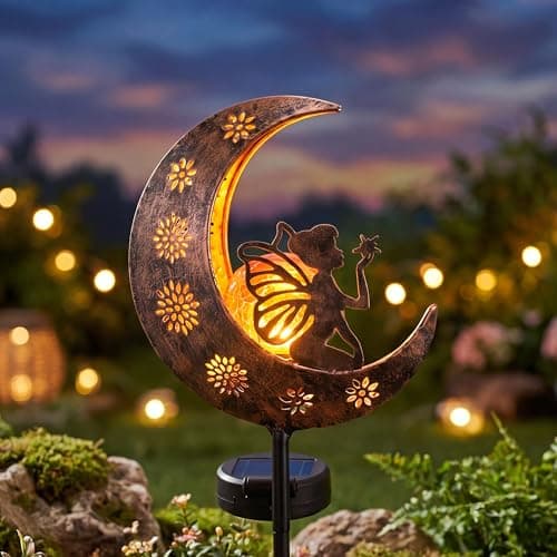TERESA'S COLLECTIONS Garden Decor for Outside, Moon Fairy Garden Accessories for Outdoor Decor, 32'' Solar Lights for Yard Decorations Outdoor, Metal Yard Stakes for Lawn Patio Porch Gifts for Mom