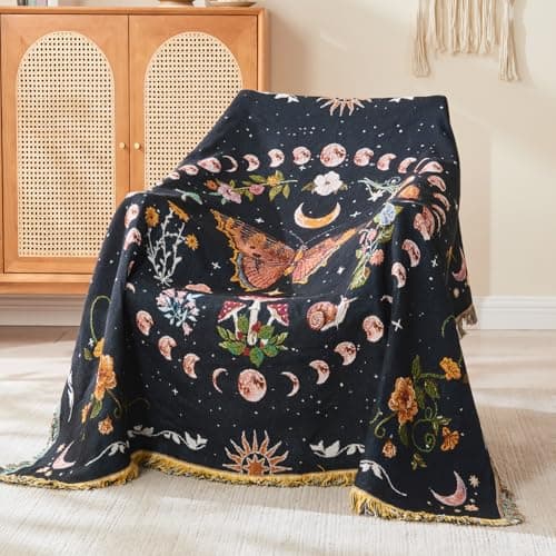 Shesyuki Boho Throw Blanket Reversible Cotton Bohemian Tapestry Hippie Room Decor Outdoor Blanket Double Sided (Black Butterfly 50"x60")