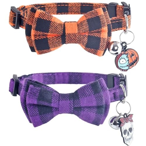 Halloween Cat Collar Breakaway with Cute Bow Tie and Bell Plaid for Kitty