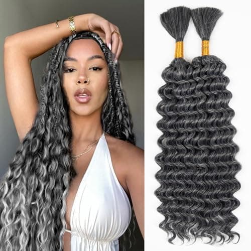 Deep Wave Bulk hair for Braiding Wet and Wavy Micro Braiding Hair No Weft Faux Deep Wave Braiding Hair Extensions for Box Boho Braids 150g with 2Bundles（ #1B/Grey 20Inch)