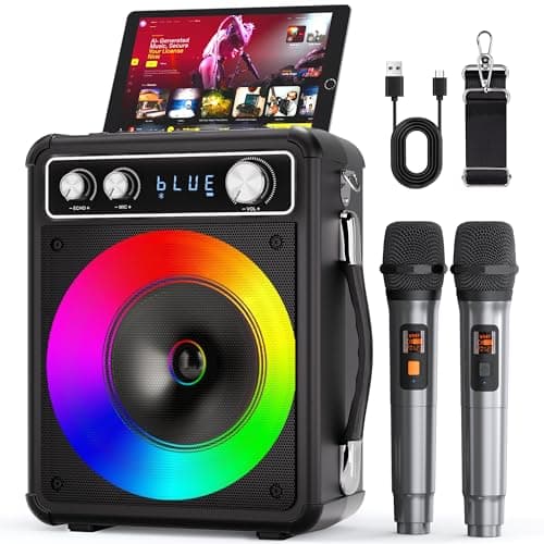 VOSOCO Karaoke Machine with 2 Wireless Microphones, Portable Bluetooth Speaker for Adults Kids, PA Systems Support TWS Echo Adjust TF USB AUX for Home Party Outdoor Travel