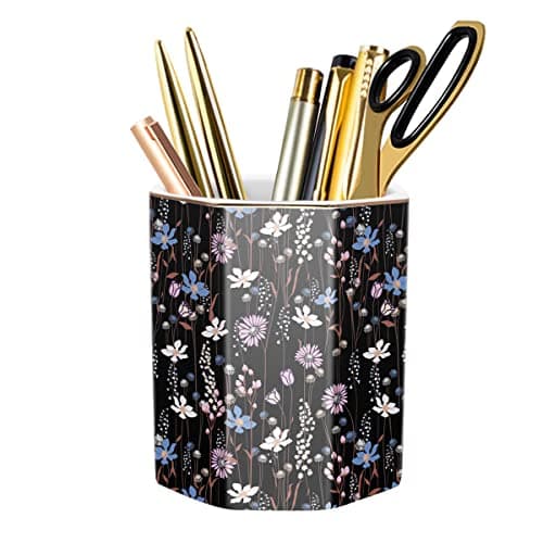 WAVEYU Ceramic Floral Pen Holder for Desk, Cute Large Capacity Colored Pencil Organizer for Office, Makeup Brush Holder for Girl Women, Black Flower