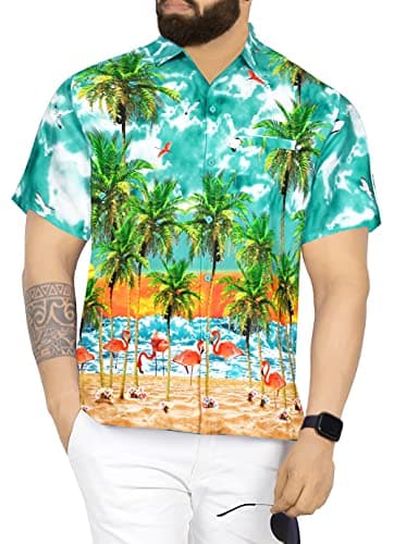 HAPPY BAY Men's Hawaiian Shirt Untuckit Boho Small Sea Flamingo Turquoise