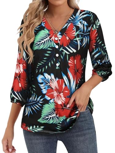 SLEITY Womens 3/4 Sleeve Hawaiian Shirts V Neck Summer Floral Print Shirt