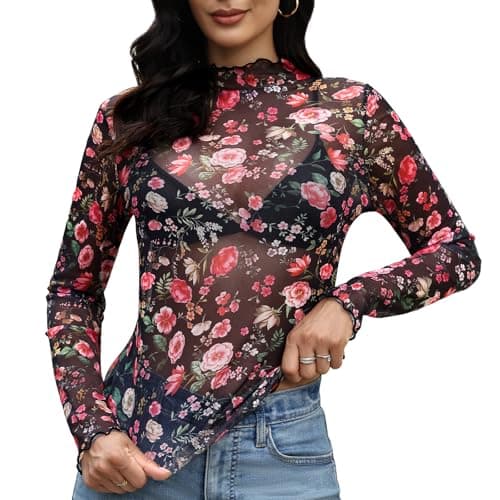 CEROROW Floral Mesh Long Sleeve Tops for Women Mock Neck See Through Fitted Sexy Going Out Top(Black Multi Floral,Small)