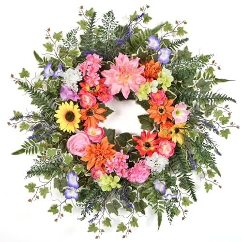 Spring Wreaths for Front Door Outside 24-26in Spring Summer Wreath with Peony Rose Sunflower, Daffodil 22 Kinds Greenery, Indoor Outdoor Vibrant Hanging Season Decor for Wall Porch