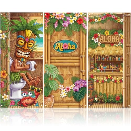 Preboun 3 Pcs Hawaiian Aloha Door Cover Tiki Front Door Banner 78 x 35 Inches Tropical Aloha Banner Summer Backdrop for Hawaii Outdoor Luau Party Decorations