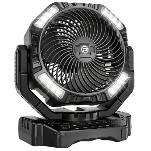 68HRS Running Camping Fan with Light, 20000mAh Battery Rechargeable, Powerful 4 Speeds & Auto Oscillating, Timer & Hook, for Travel Tent RV Emergency Hurricane Jobsite Garage- Black