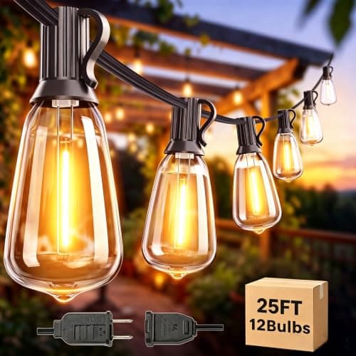 Hobbynors 25FT Outdoor String Lights for Patio with 12+1 ST38 LED Bulbs