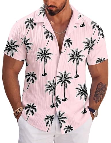 COOFANDY Men's Casual Shirts Short Sleeve Button Down Shirts Fashion Textured Summer Beach ShirtPink-LeafM