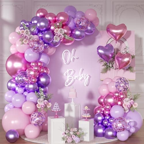 NUTTYBASH Pink Purple Balloon Garland Arch Kit,126Pcs Metallic Purple Rose Red Confetti Balloons with Heart Foil Balloon for Women Birthday Bridal Baby Shower Wedding Party Decoration
