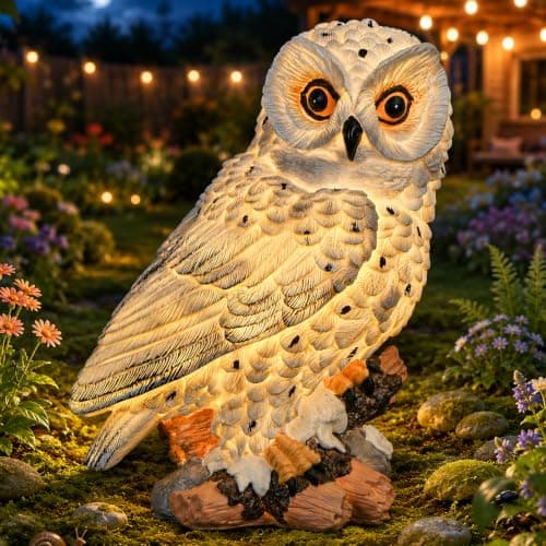 Ayadon Solar Owl Garden Outdoor Statue, Owl Figurine Sculpture with LED Lights for Porch Patio Lawn Yard Deck Decor - Mother's Day Housewarming Gift for Women Men Owl Lover(White)