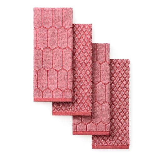Martha Stewart Honeycomb Chambray Textured Kitchen Towel 4-Pack Set, 100% Cotton with Absorbent Terrycloth, Decorative Kitchen Towels, Red, 16"x28"