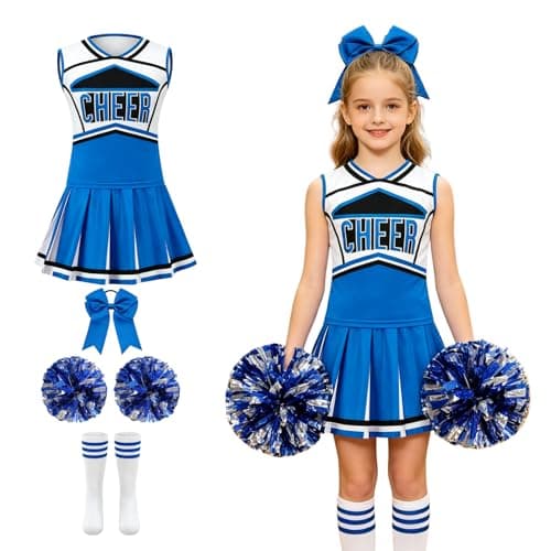 LMYOVE Classic Blue 5-Piece Cheerleading Set for Kids - Includes Top, Skirt, Pom Poms, Headband, and Socks, 3-4Y