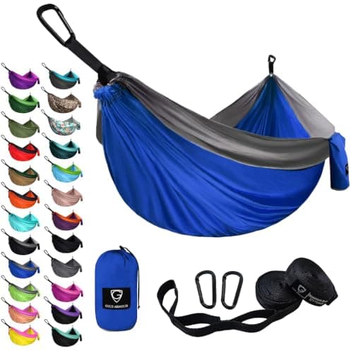 Gold Armour Camping Hammock - XL Double Hammock Portable Hammock Camping Accessories Gear for Outdoor Indoor with Tree Straps, USA Based Brand (Blue and Gray)