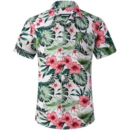 DOKKIA Men's Casual Tropical Floral Short Sleeve Luau Beach Aloha Hawaiian Shirt Flowers Palm Green White Medium