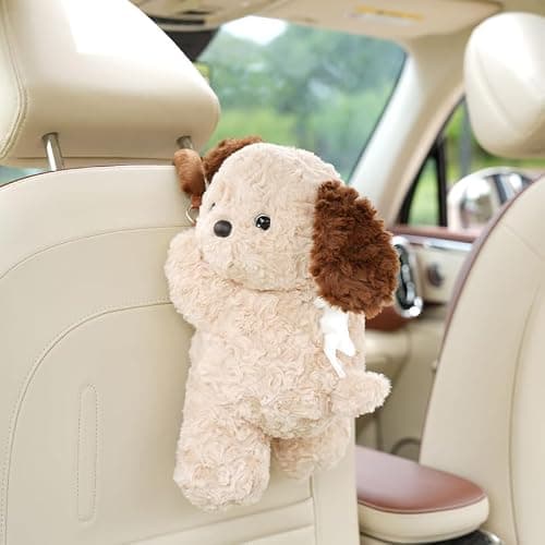 Plush Puppy Car Tissue Box Holder – Cute Crawling Dog Design, Hanging or Dashboard Use, Soft Style Organizer for Vehicle Interior (Khaki Dog)