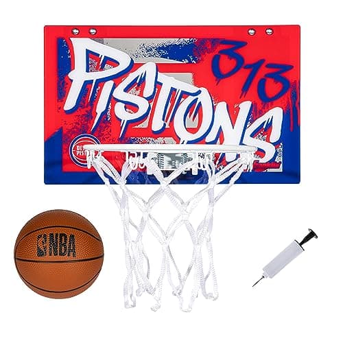Franklin Sports NBA Detroit Pistons Over the Door Basketball Hoop - Kids Indoor Hoop with Mini Basketball - NBA Fan Shop Toy for Bedroom + Office - Over the Door Set