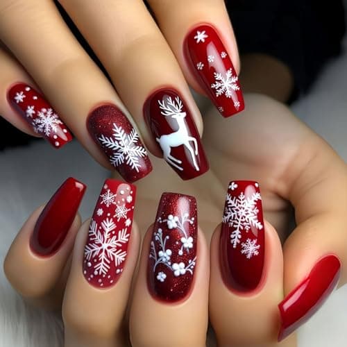 Christmas Press on Nails Medium Square Fake Nails Red Glue on Nails with Snowflake Elk Design Xmas Acrylic False Nail Glossy Shiny Winter Stick on Nail Full Cover Artificial Nail for Women Girls 24Pcs