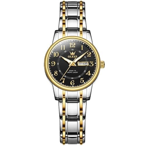 OLEVS Watches for Women Silver Ladies' Watch with Black Dial Quartz Two Tone Watch Business Fashion Waterproof Womens Watches Analog Gold Stainless Steel Reloj Mujer