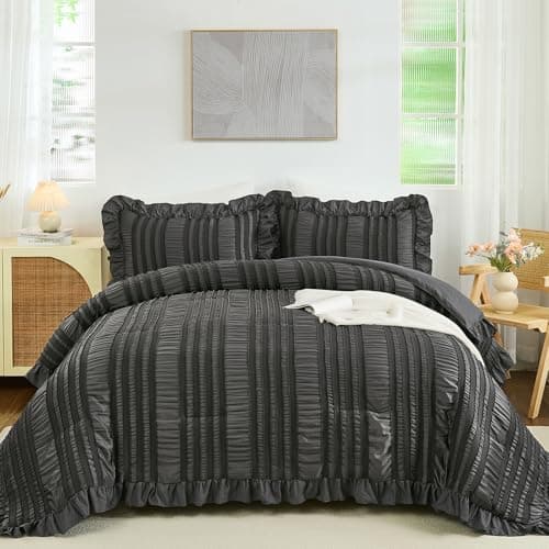 WONGS BEDDING Queen Comforter Set,Dark Grey Boho Comforter Set Queen,Shabby Chic Bedding Set for Bed, 3 Pieces Soft Lightweight Farmhouse Comforter for All Season 90"×90"