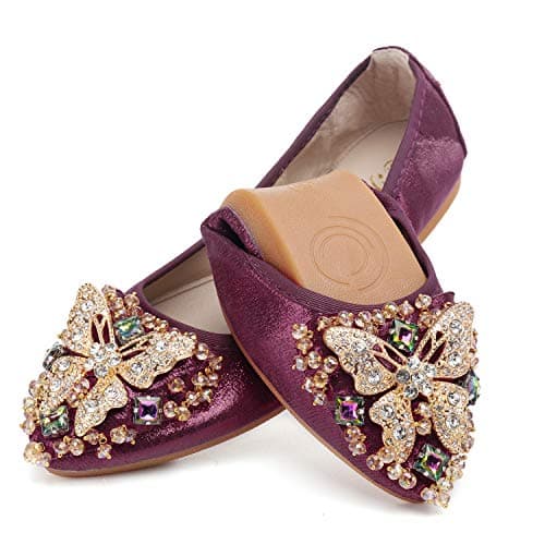 Womens Ballet Flats Foldable Rhinestone Pointed Toe Comfortable Slip on Wedding Flat Shoes Dress Flats for Women Red Size 6