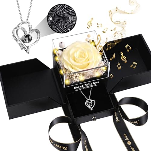 Pasuvsigt Mothers Day Mom Birthday Gifts for Women, Preserved Real Rose with I Love You Heart 100-Language Necklace, LED Lights & Music Box, Anniversary for Women Girlfriend Mom