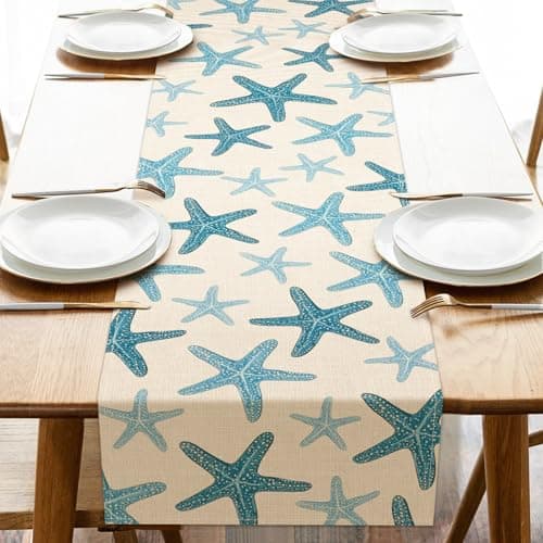 Croar Coastal Starfish Dining Table Runner, Blue Beach Sea Marine Life Burlap Kitchen Decoration, Nautical Ocean Creature Indoor Outdoor Home Decor Party Supply 13 x 72 Inches