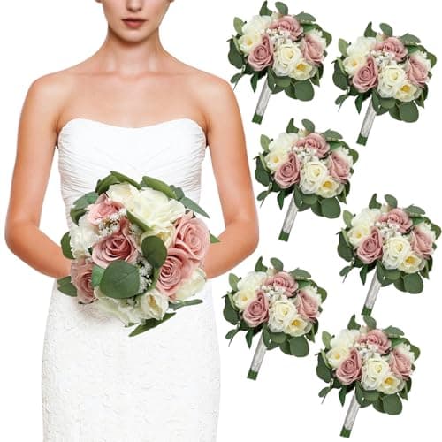 DIYDOFUN Set of 6 Bridesmaid Bouquets, 11 Inch Wedding Bouquets for Bridesmaids Artificial Flower Bouquets for Wedding Ceremony Bridal Shower Decorations - Dusty Pink & White