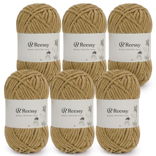 Reessy Chenille Yarn for Crocheting, 6 Pack Soft Polyester Yarn, 50g Skeins, Medium Worsted Weight Chenille, 3.5mm Plush Yarn for Crafting Plush Toys, Blankets, Scarves(Mocha Cream)