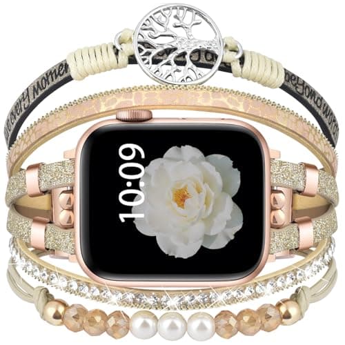 Boho Dressy Bracelet for Apple Watch Band 40mm 38mm 41mm 44mm 42mm 45mm 46mm 49mm Women,Cute Bling Beaded Leather summer Breathable Strap Accessories for iWatch Bands SE Series 11 10 9 8 7 6 5 4 3 2 1