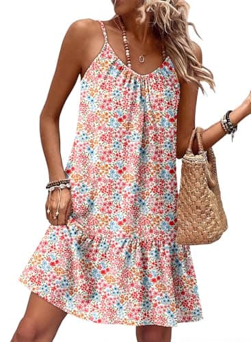 Dokotoo Pink Dresses for Women V Neck Boho Floral Dress Sleeveless Spaghetti Strap Sun Dress Ruffle A Line Casual Beach Dresses Vacation Clothes X-Large
