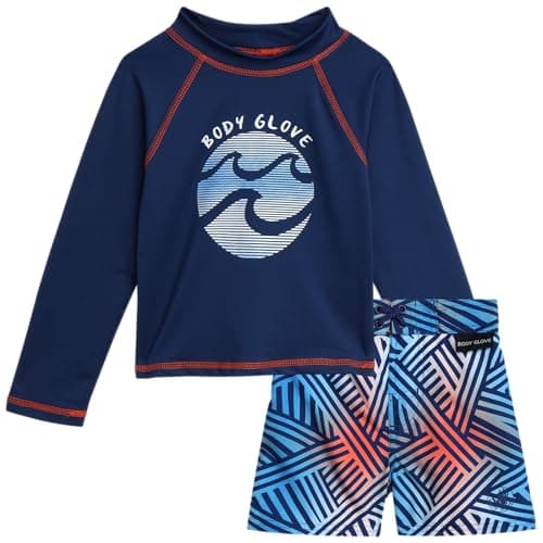 Body Glove Baby Toddler Boys Swim Set - 2 Piece UPF 50+ Quick Dry Swim Trunks and Rash Guard for Boys Kids Swimwear (2T-4T), Size 3T, Navy Red Swirls