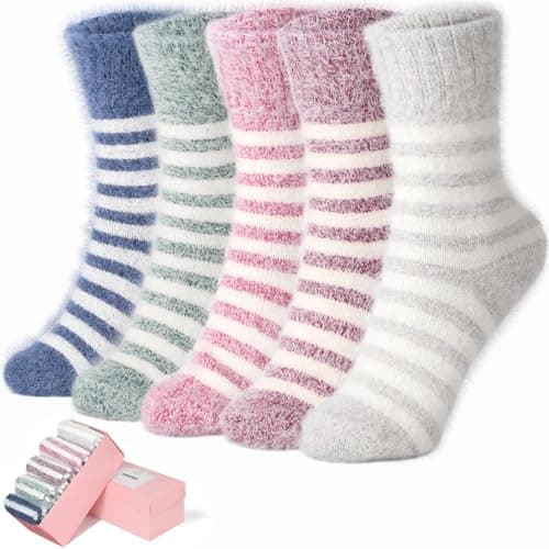 ICEIVY Womens Fuzzy Socks Thick Soft Warm Winter Fluffy Cozy Cabin 5 Packs Casual Home Sleep Socks with Gifts Box (US, Numeric, 5, 9, Regular, Regular, Multicolor-Stripes)