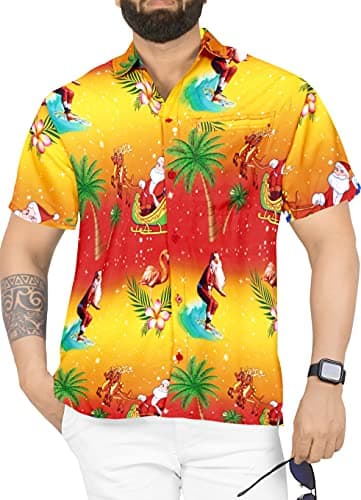 LA LEELA Men's Beach Button Down Funky Santa Claus Party Dress Shirt Holiday Ugly Christmas Tree Hawaiian Gifts Shirts for Men XXL Santa Surf, Orange