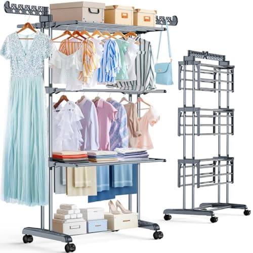 Upgraded 4-Tier Clothes Drying Rack, Drying Rack Clothing with Wheels