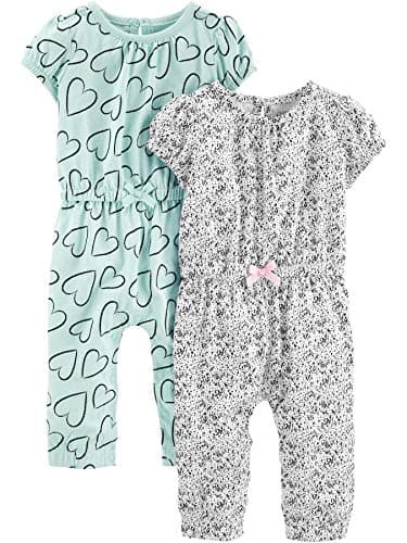 Simple Joys by Carter's Baby Girl's 2- Pack Jumpsuits Pants, blue hearts/gray, 3-6 Months