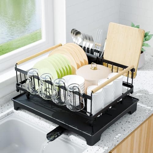 Vathingood Dish Drying Rack with Auto-Drainboard - Rustproof Kitchen Counter Strainer with Cutlery & Cup Holders, Compact Space Saver Kitchen Strainer, Black