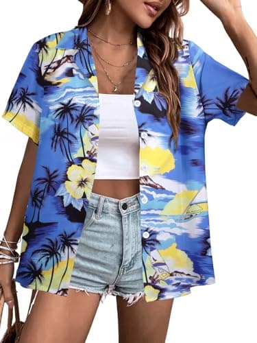 MYHALF Women Hawaiian Shirt Soft Cool Summer Hawaii Shirts Floral Tropic Print V Neck T-Shirt Short Sleeve Button Up Tops
