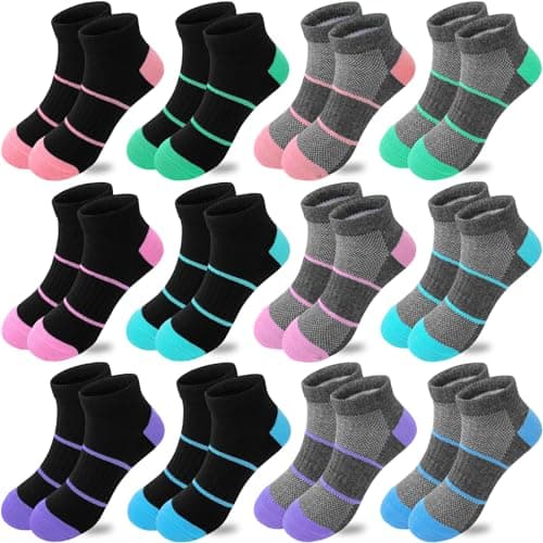 Bemeol 12 Pairs Girls Socks Kids Low Cut Ankle Socks Girls Half Cushion Athletic Sock(5-7 Years)
