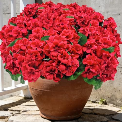 Mutcolor 12 Bundles Artificial Geranium Flowers for Outdoors UV Resistant Red Silk Fake Geranium Plant Faux Floral for Front Porch Planter Balcony Patio Garden Home Indoor Decoration (Red 12)
