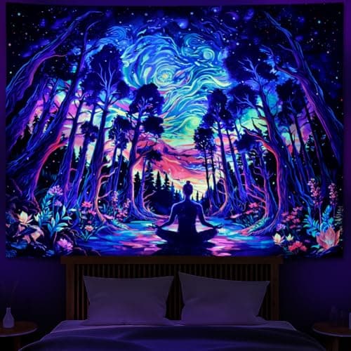 Heopapin Blacklight Psychedelic Forest Meditation Tapestry UV Reactive Cosmic Galaxy Starry Sky Wall Art Tapestry Trippy Yoga Spiritual Chakra Wall Hanging Tapestries for Home Decor 78.7L x 59.1W