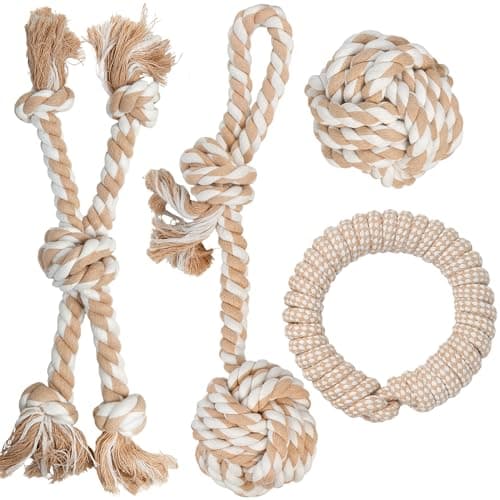PetiFine Chew Toys for Dogs 4 Pack, Dog Rope Toy for Aggressive Chewers, Interactive Rope Ball Natural Cotton, Dog Tug of War Toy for Teeth Cleaning
