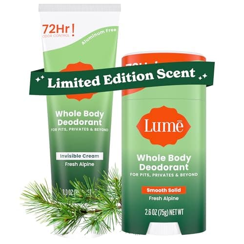 Lume Whole Body Deodorant - Invisible Cream Tube and Solid Stick - 72 Hour Odor Control - Aluminum Free, Baking Soda Free, Skin Loving - 3.0 Ounce Tube and 2.6 Ounce Solid Stick Bundle (Fresh Alpine)